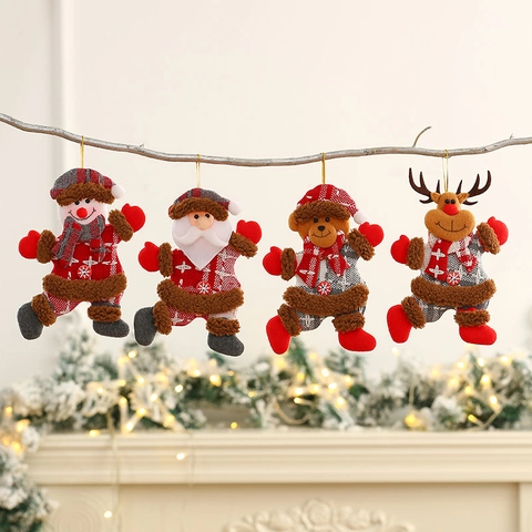 Kerstboom Hangende Ornamenten Stof Pluche Kerstman Sneeuwpop Rendier Beer Ruitjespatroon Rand Van Imitatiebont Feestdecoratie