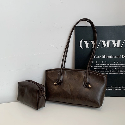 Women PU Leather Tote Bag And Small Pouch Large Capacity Vintage Shoulder Bag For Commute Fashion Solid Color