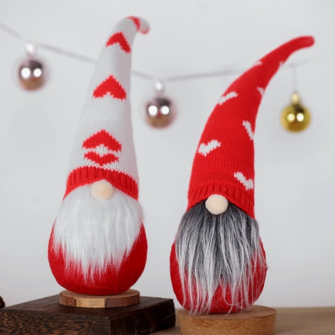 Poupée Gnome Sans Visage Motif Cœur Tricoté Peluche Tomte Pour Décoration Noël Saint Valentin Fait Main Base En Bois