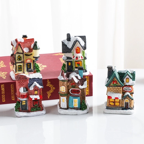 Maison de Village de Noël Miniature Lumineuse en Résine Ornement Bâtiment Éclairage LED Chaud Scène de Neige Micro Paysage Pour Décoration de Maison
