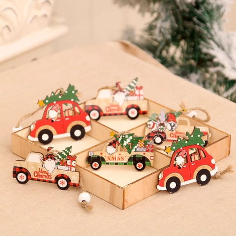Rustic Wooden Christmas Car Hanging Ornaments Collection Gnomes Christmas Tree Truck Decorations With Hemp Rope Holiday Decor