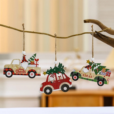 Christmas Wood Car Gnome Hanging Ornament For Tree Decoration Plaid Truck Gnome Figurine Hemp Rope Wood Bead Home Decor