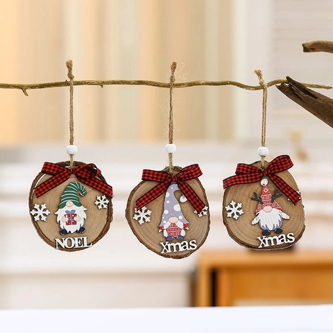 Ornamenti in Fette di Legno di Natale Con Gnomo Fiocco a Quadri Rosso Nero Fiocchi di Neve Bianchi Xmas Noel Decorazione