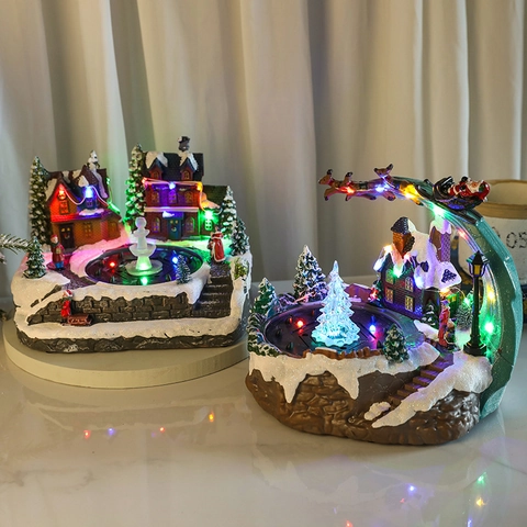 Christmas Music Box With LED Lights Musical Rotating Water Fountain Ornament Resin Snow Village Scene Christmas Decoration Gift