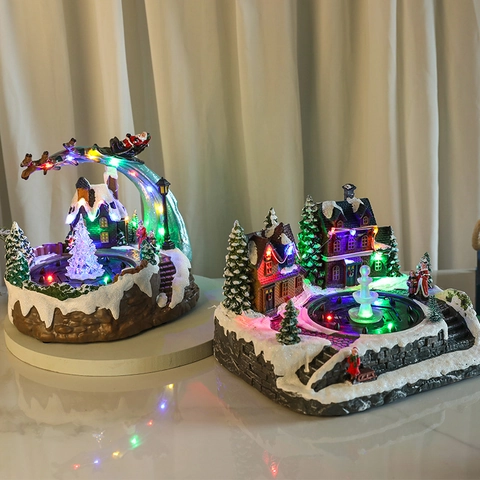 Christmas Music Box With LED Lights Musical Rotating Water Fountain Ornament Resin Snow Village Scene Christmas Decoration Gift