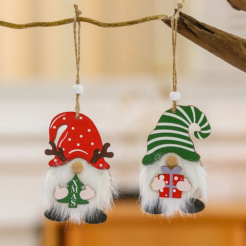 Wooden Gnome Christmas Pendants Red Polka Dot Antlers Green Striped Hat Faux Fur Beard XMAS Tree Gift Hanging Ornaments