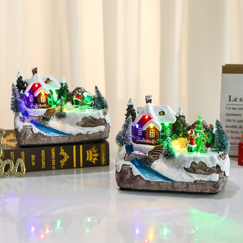 Villaggio Di Neve Di Natale Casa Miniatura Ornamento In Resina LED Luminoso Musicale Rotante Decorazione Da Tavolo Regalo