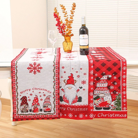 Christmas Table Runner Knitted Polyester Gnome Plaid Snowflake Reindeer Decoration Festive Holiday Dining Table Home