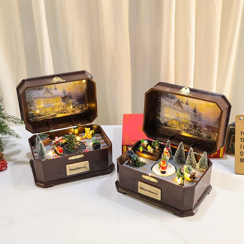 Vintage Christmas Music Box LED Light Up Rotating Miniature Scene Suitcase Decoration Retro Christmas Gift For Kids Home
