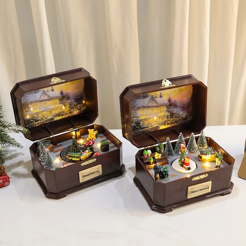 Vintage Christmas Music Box LED Light Up Rotating Miniature Scene Suitcase Decoration Retro Christmas Gift For Kids Home