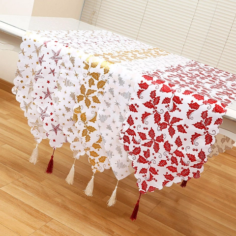 Camino De Mesa Navidad Poliéster Borde Festoneado Con Borla Dorado Rojo Estrella Hoja Decoración Comedor Hogar