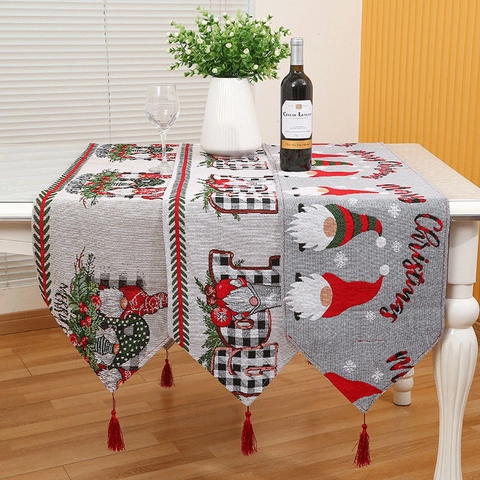 Chemin De Table Noël Tricoté Polyester Avec Glands Rouges Motif Gnome Merry Christmas Décoration De Table Fête