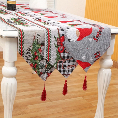 Chemin De Table Noël Tricoté Polyester Avec Glands Rouges Motif Gnome Merry Christmas Décoration De Table Fête