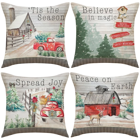 Kerst Kussenhoezen Polyester Linnen Textuur Boerderijstijl Rode Vrachtwagen Buffalo Ruitjes Bank Decoratie