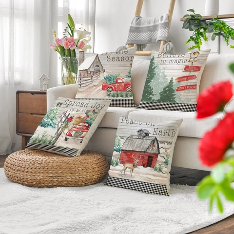 Kerst Kussenhoezen Polyester Linnen Textuur Boerderijstijl Rode Vrachtwagen Buffalo Ruitjes Bank Decoratie
