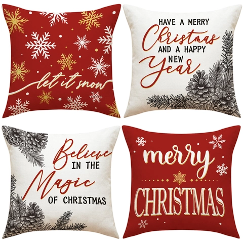 Christmas Throw Pillow Cover Linen Decorative Cushion Case Snowflake Pinecone Print Holiday Home Decor Red Beige