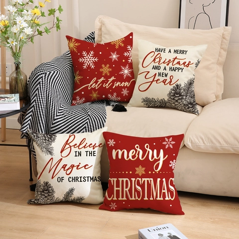 Christmas Throw Pillow Cover Linen Decorative Cushion Case Snowflake Pinecone Print Holiday Home Decor Red Beige