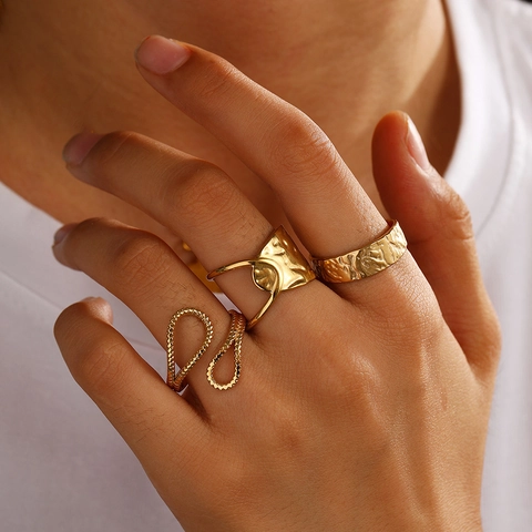 Geometric Stainless Steel Adjustable Finger Rings Hammered Texture Twisted Rope Niche Design Hip Hop Punk Style Women Men