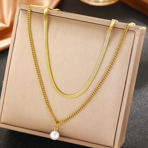 Collana A Strati Acciaio Inossidabile 304 Placcato Oro 18K Perla Artificial Sintetica Catena A Serpente Gioielli Estivi Donna Moda