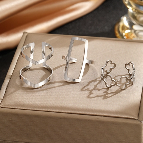 Hollow Geometric Rings Stainless Steel Adjustable Open Clover V Shape Jewelry For Men Women Gold Silver