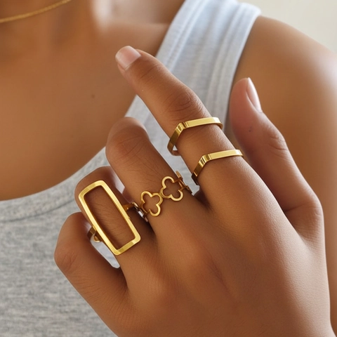 Hollow Geometric Rings Stainless Steel Adjustable Open Clover V Shape Jewelry For Men Women Gold Silver