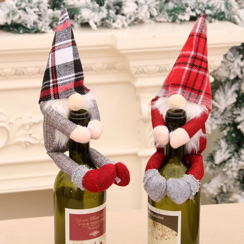 Christmas Wine Bottle Cover Gnome Plush Wine Topper Nordic Plaid Hat Long Beard Wine Decoration For Holiday Table Dinner Party