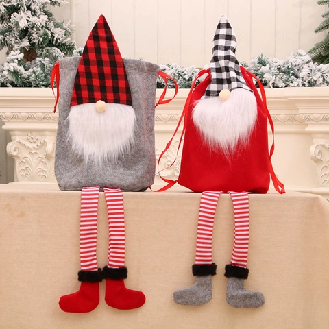 Christmas Gnome Drawstring Gift Bag Plaid Hat Long Legs Red Grey Flannel Sack Holiday Party Present Packing Sack Decor