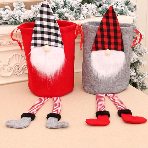 Christmas Gnome Drawstring Gift Bag Plaid Hat Long Legs Red Grey Flannel Sack Holiday Party Present Packing Sack Decor