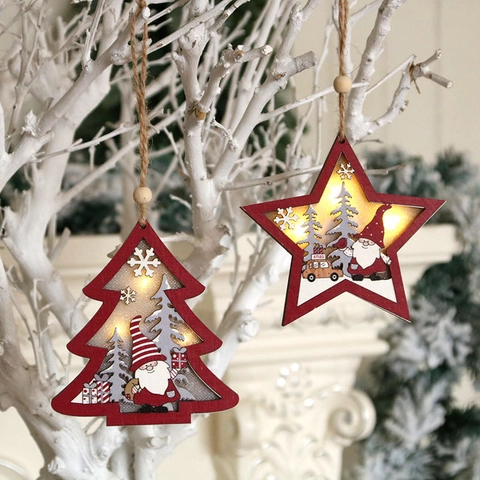 Weihnachten Leuchtendes Holzornament LED Licht Stern Baum Form Weihnachtsmann Schneeflocke Hängende Dekoration Für Weihnachtsbaum Haus Party Deko