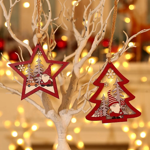 Weihnachten Leuchtendes Holzornament LED Licht Stern Baum Form Weihnachtsmann Schneeflocke Hängende Dekoration Für Weihnachtsbaum Haus Party Deko