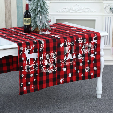 Kerstmis Tafelloper Rood Zwart Buffalo Ruit Polykatoen Rendier Sneeuwvlok Boom Letter Print Tafelkleed Voor Vakantie Feest Decoratie