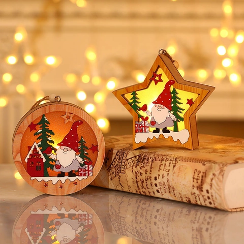 Adorno Colgante Navidad Madera LED Luminoso Gnomo Papá Noel Estrella Ronda Colgante Decoración Árbol Fiesta Decoración Rústica