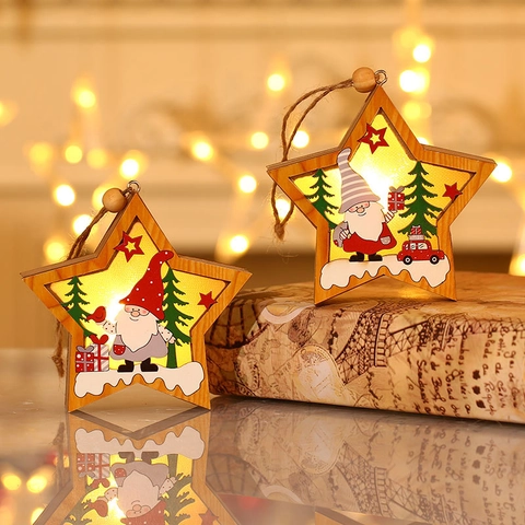 Adorno Colgante Navidad Madera LED Luminoso Gnomo Papá Noel Estrella Ronda Colgante Decoración Árbol Fiesta Decoración Rústica