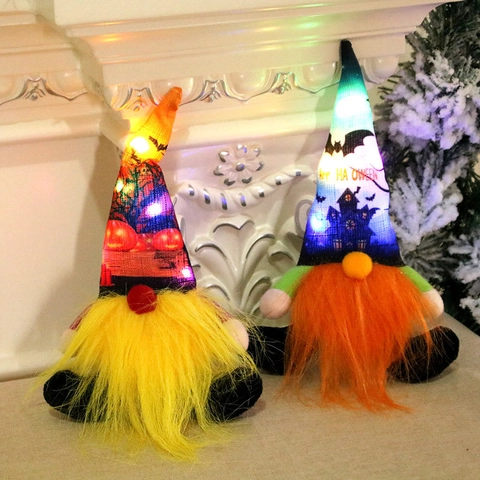 LED Gloeiende Halloween Gnome Pluche Pop Pompoen Vleermuis Patroon Puntmuts Lange Snorharen Thuis Desktop Haard Decor Festival Ornament