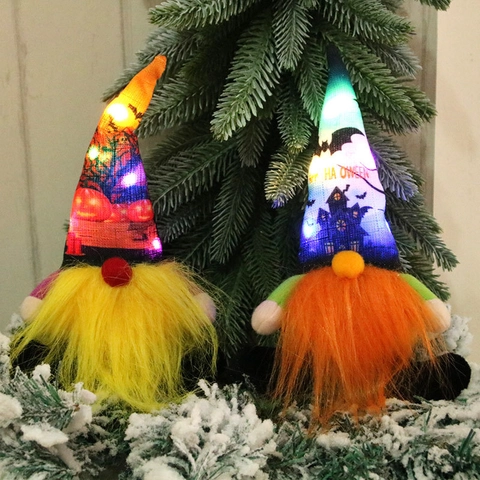 LED Gloeiende Halloween Gnome Pluche Pop Pompoen Vleermuis Patroon Puntmuts Lange Snorharen Thuis Desktop Haard Decor Festival Ornament