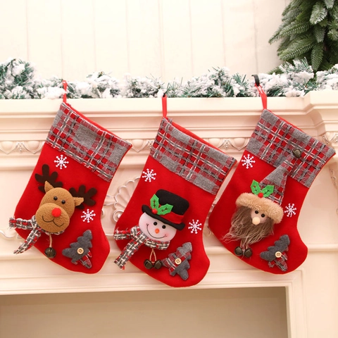 Calza di Natale 3D in Flanella Rossa Polsino a Quadri Babbo Natale Pupazzo di Neve Renna Sacchetto Regalo Ornamento Sospeso