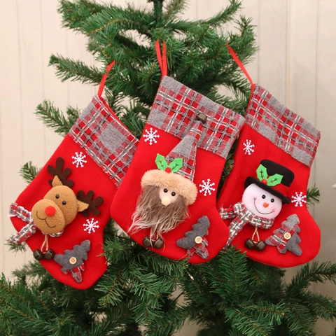 Calza di Natale 3D in Flanella Rossa Polsino a Quadri Babbo Natale Pupazzo di Neve Renna Sacchetto Regalo Ornamento Sospeso