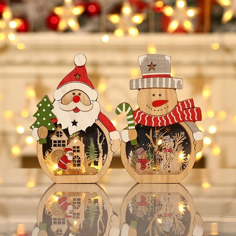 Adorno de Navidad Madera LED Papá Noel Muñeco de Nieve Corte Láser Hueco Decoración Luz Cálida Sobremesa Vacaciones Hogar Regalo