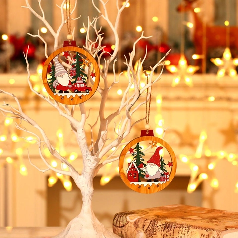 Ornamenti Natalizi In Legno Da Appendere Tondo Cavo Gnomo Babbo Natale Pendente Albero Decorazione Per Festa Casa