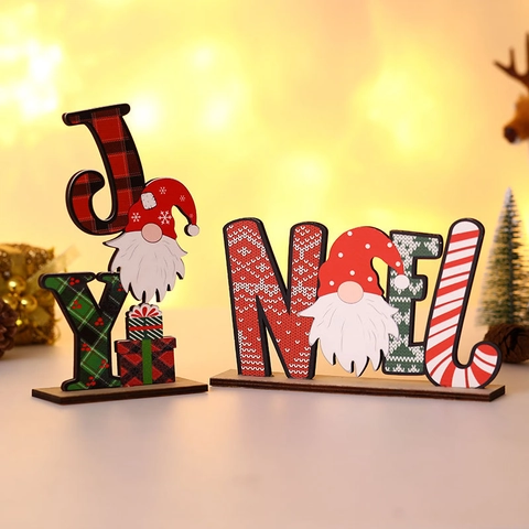 Christmas Wooden Tabletop Ornament Alphabet NOEL Believe JOY Gnome Plaid Design DIY Decorative Xmas Party Desktop Display