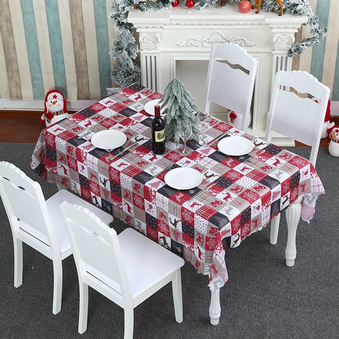 Christmas Rectangular Tablecloth Polyester Plaid Gnome Reindeer Printed Table Cover Holiday Home Party Dining Room Decor
