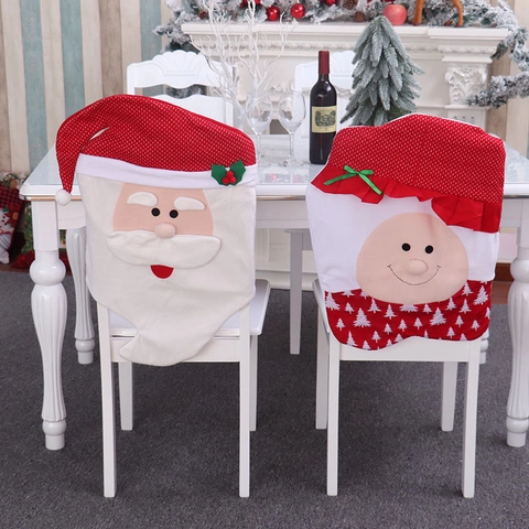 Christmas Chair Back Covers Flannel Santa Claus Cartoon Character Festive Dining Room Decor Red White