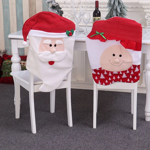 Christmas Chair Back Covers Flannel Santa Claus Cartoon Character Festive Dining Room Decor Red White