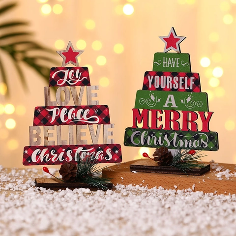 Christmas Tree Desktop Ornament Wooden Plaid Pattern Joy Love Peace Believe Letter Print Xmas Table Decor With Pine Cones