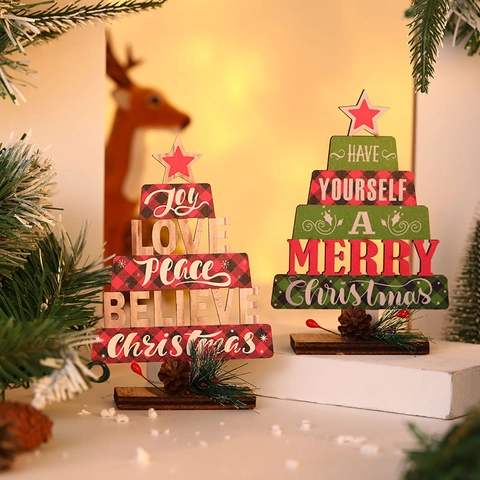 Christmas Tree Desktop Ornament Wooden Plaid Pattern Joy Love Peace Believe Letter Print Xmas Table Decor With Pine Cones