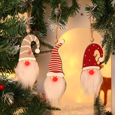 Ornamento Gnomo di Natale in Legno Luminoso Luce LED Svedese Tomte Elf Gonk Barba di Peluche per Decorazione Albero Natale
