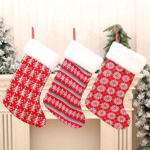 Grote Gebreide Kerstsokken Met Kunstbont Rood Wit Streep Sneeuwvlok Kerstboom Cadeauzak Voor Vakantie Decoratie