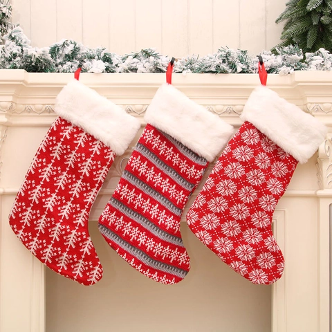 Grote Gebreide Kerstsokken Met Kunstbont Rood Wit Streep Sneeuwvlok Kerstboom Cadeauzak Voor Vakantie Decoratie