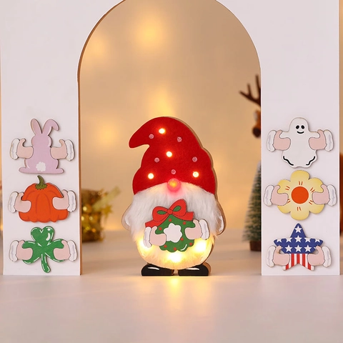 Gnome Wooden LED Lit Ornament With Interchangeable Magnetic Holiday Icons For Christmas Halloween Easter Seasonal Desktop