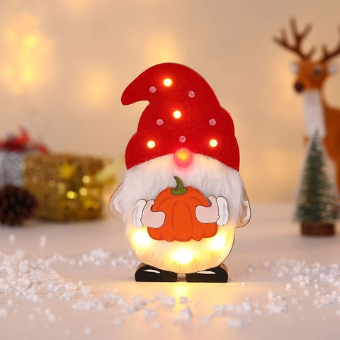 Gnome Wooden LED Lit Ornament With Interchangeable Magnetic Holiday Icons For Christmas Halloween Easter Seasonal Desktop